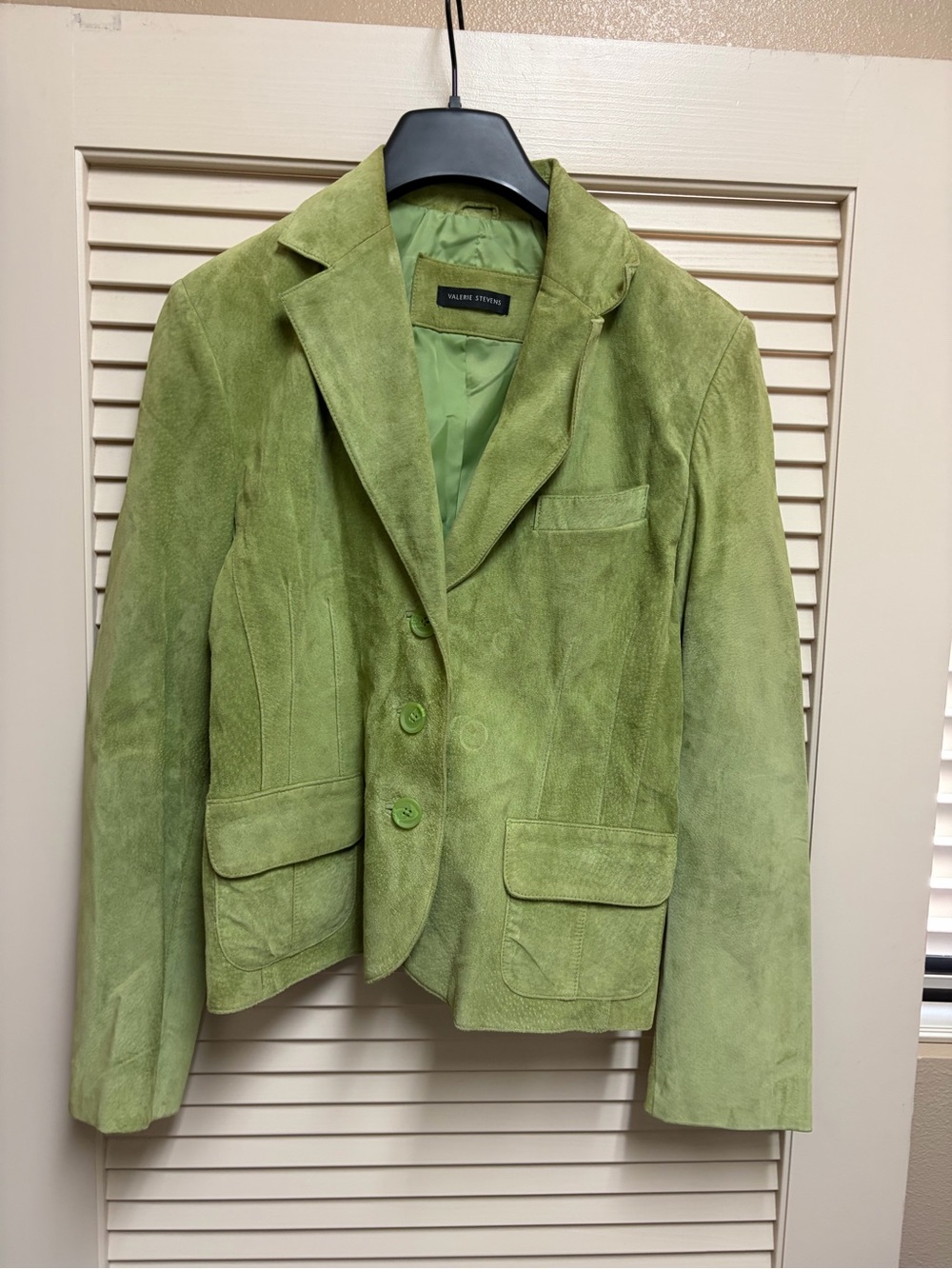 Valerie Stevens Suede Leather Blazer Womens L Green 3 Button Jacket Y2K 90s Boho